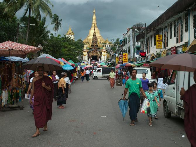 At the south entrance to Shwedagon Pagoda, 2014