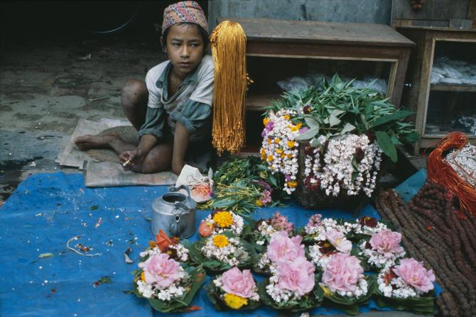 Flower seller in Pashupatinath, 1983