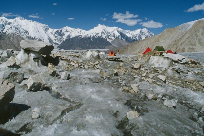 Camp on Lolophond glacier, Siachen in background